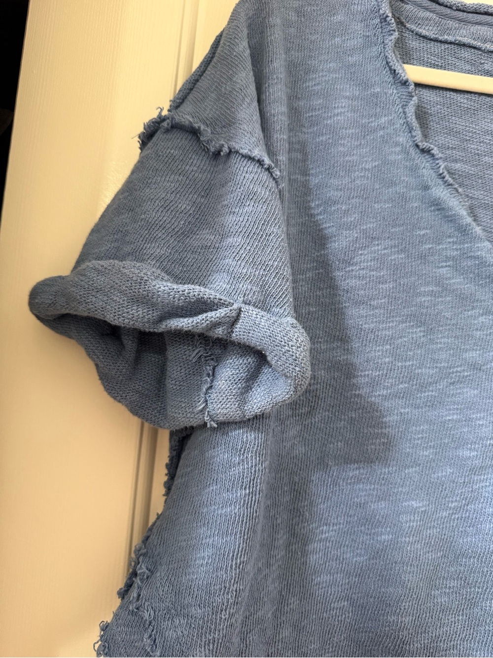 We The Free Distressed V-Neck Raw-Edge Top in Light Blue - Picture 2 of 9